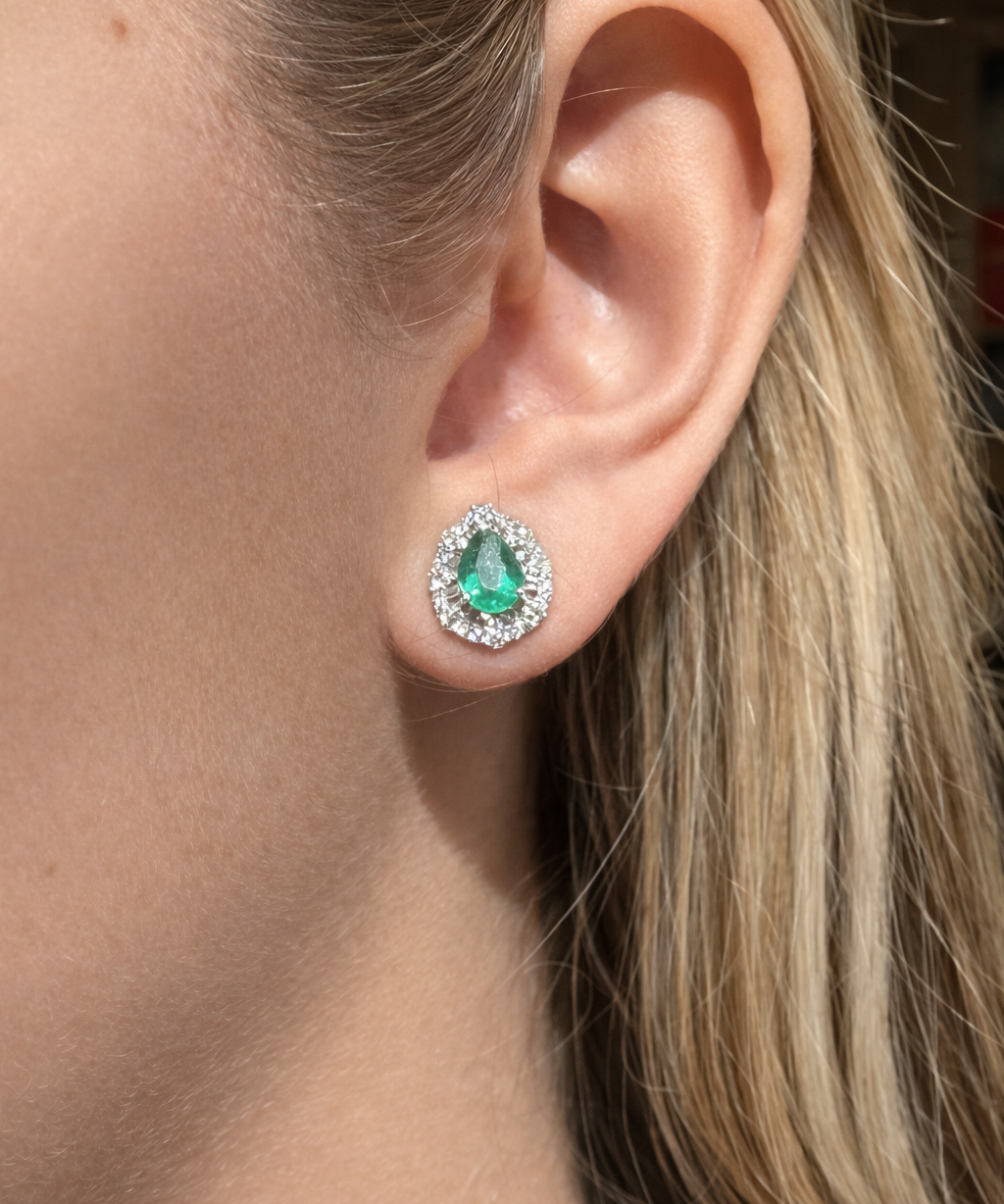 1.81ct Diamond Emerald 18K Gold Pear Halo Earrings