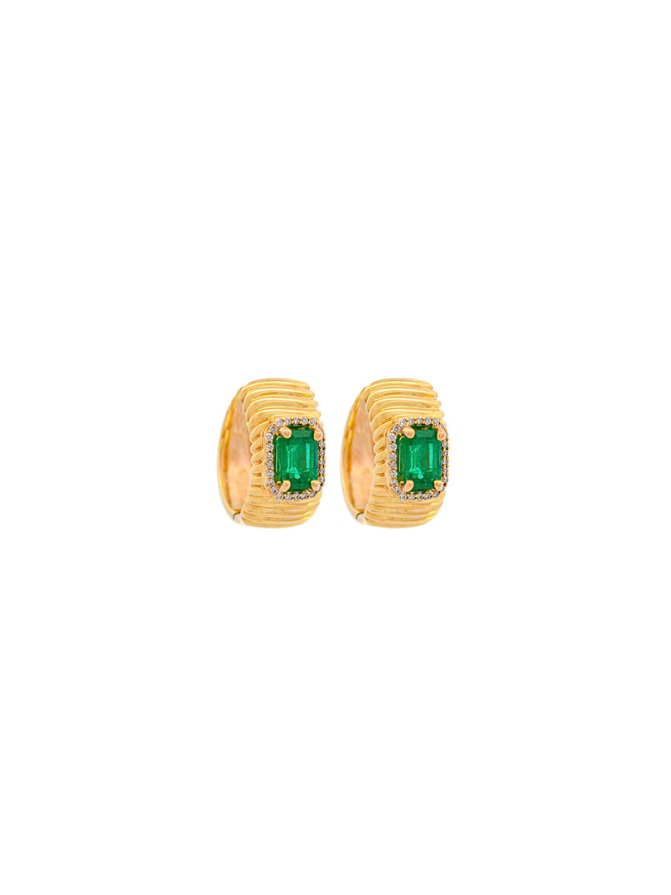 1.27ct Diamond Emerald 14K Gold Textured Hoop Earrings