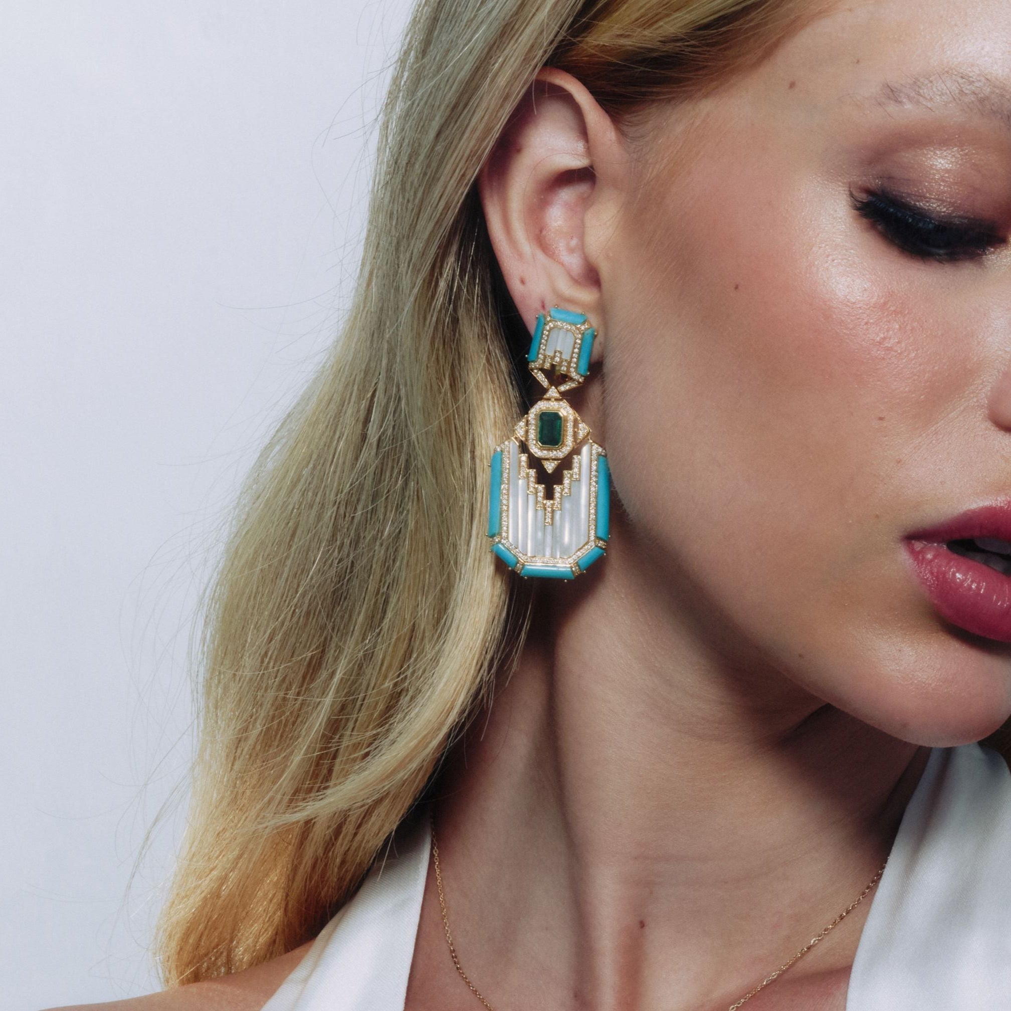 3.79ct Diamond & Emerald & Turquoise 18K Gold Statement Earrings