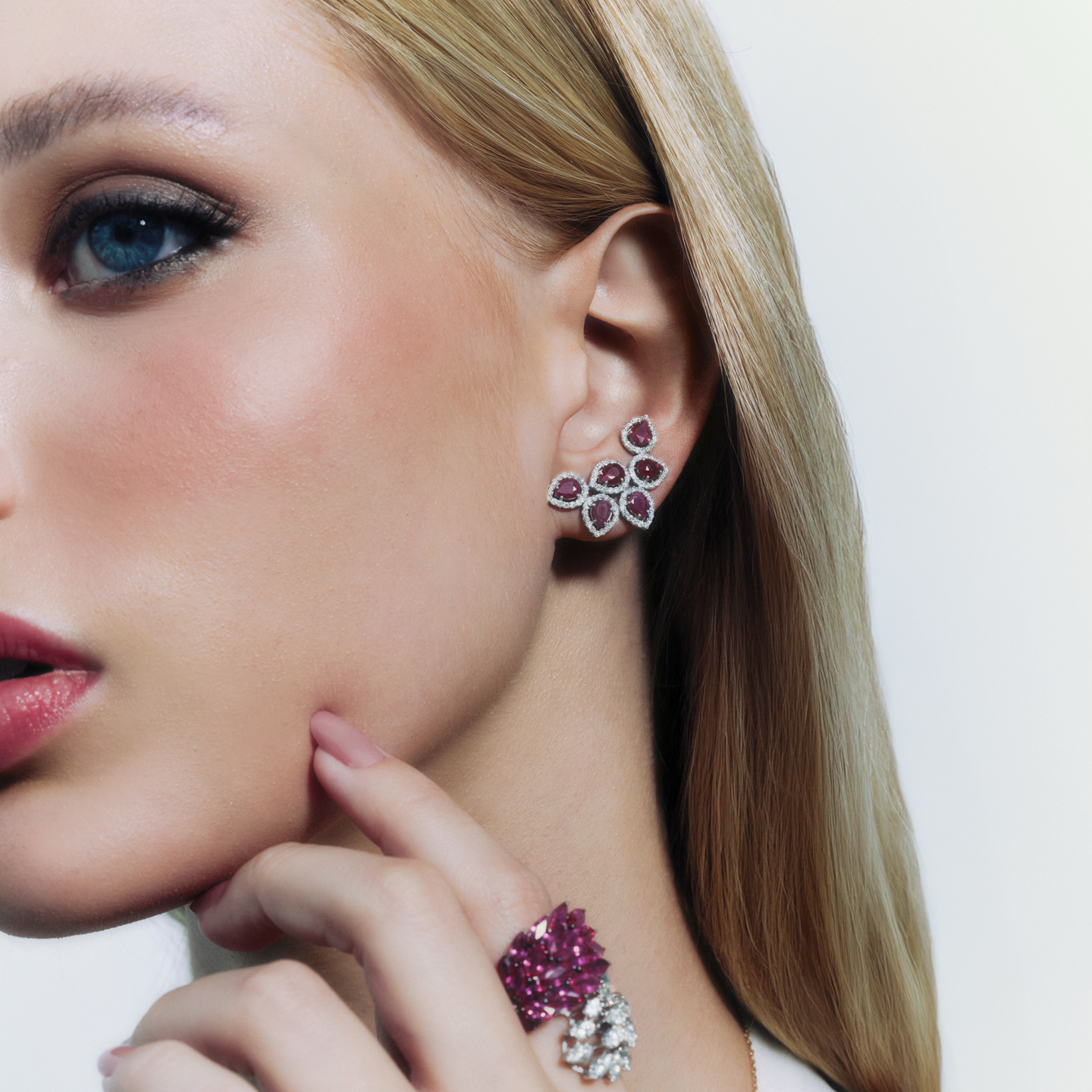 3.06ct Ruby Diamond 18K Gold Cluster Climber Earrings
