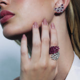 7.36ct Diamond Ruby 18K Gold Cluster Leaf Bypass Ring