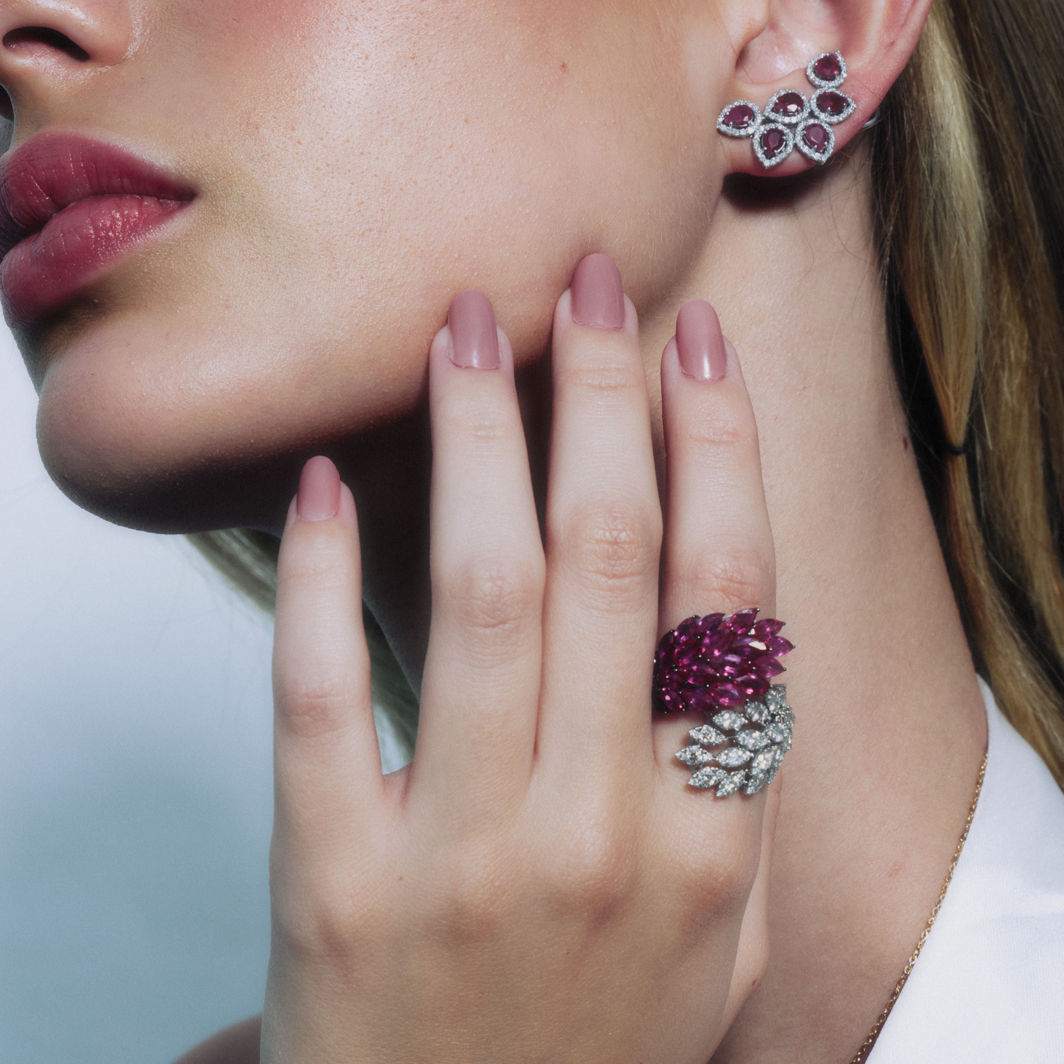 7.36ct Diamond Ruby 18K Gold Cluster Leaf Bypass Ring