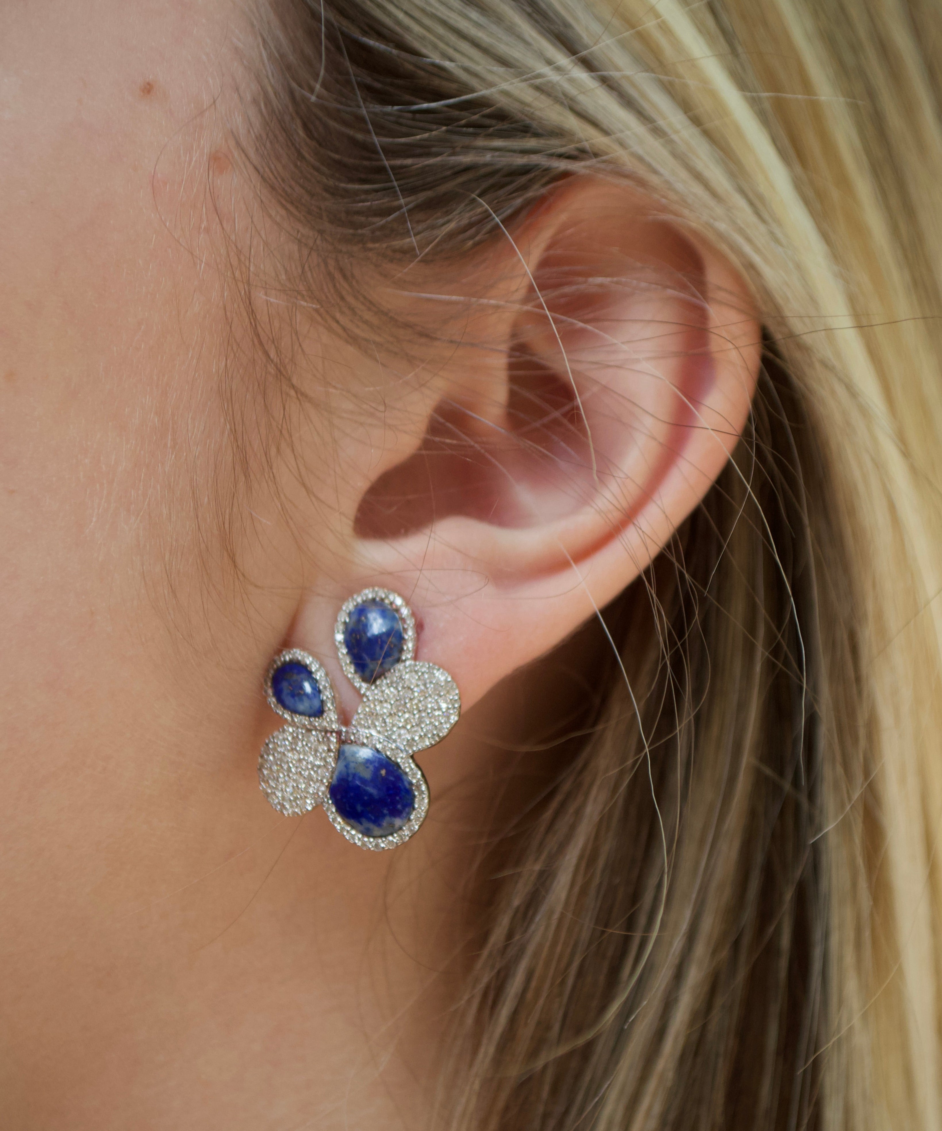7.54ct Diamond Lapis Lazuli 14K Gold Pave Cluster Earrings