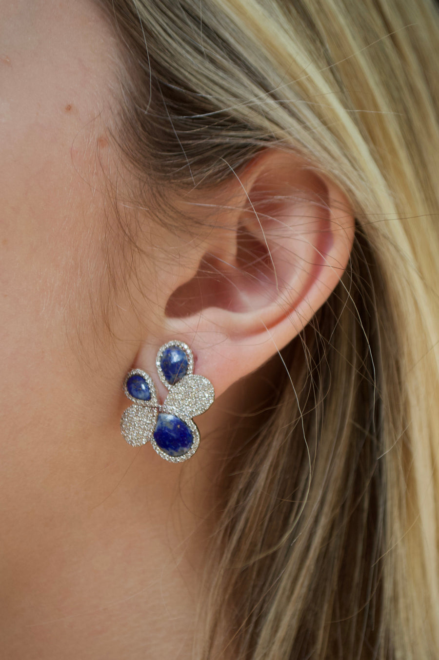 7.54ct Diamond Lapis Lazuli 14K Gold Pave Cluster Earrings