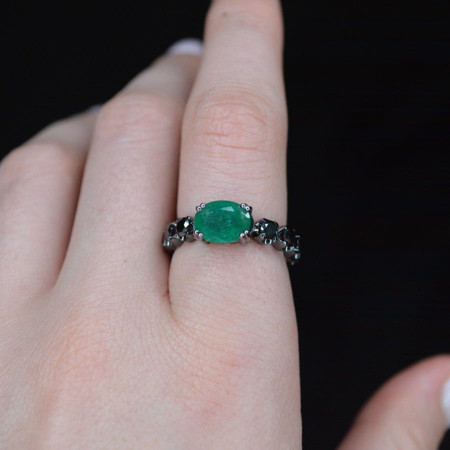 2.89cts Black Diamond Emerald 18K Gold Trendy Ring