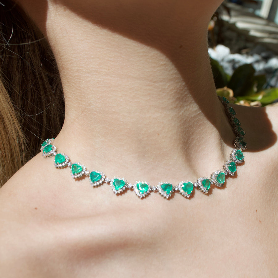 35.67ct Emerald 18K Gold Heart Tennis Necklace