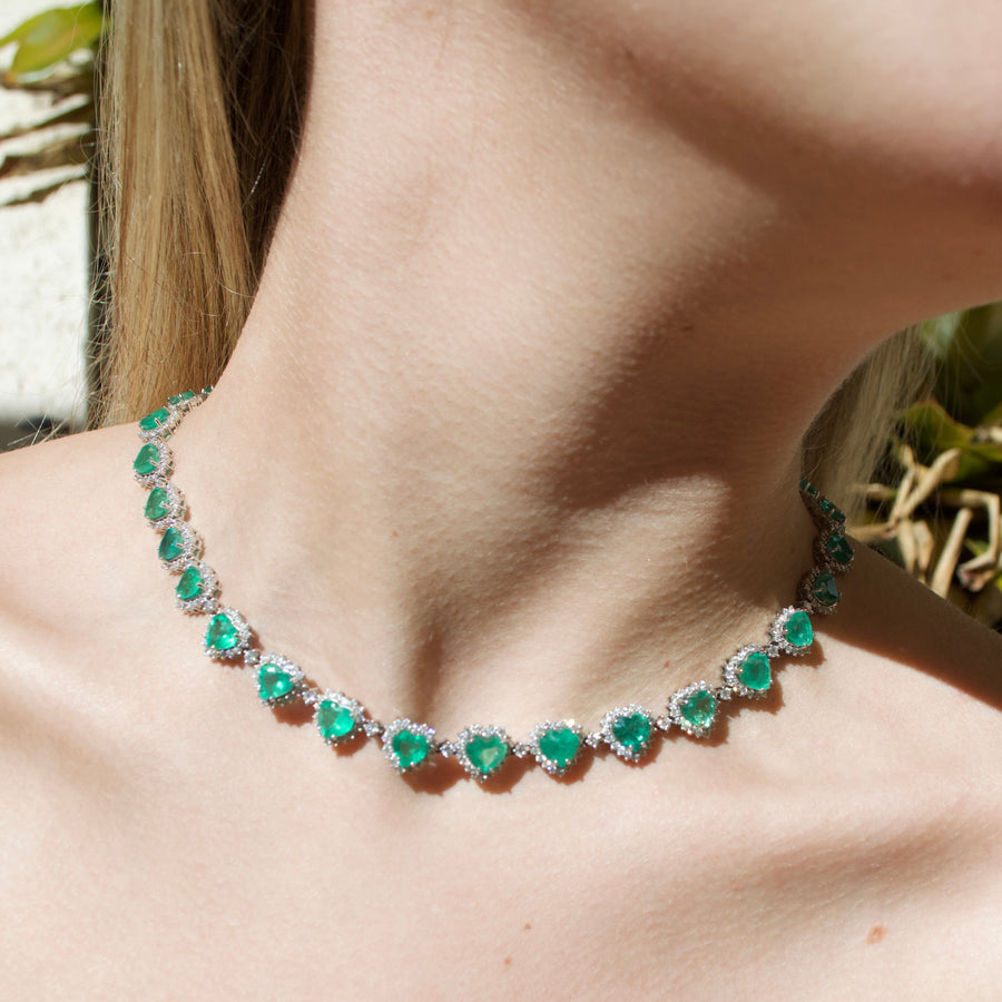 35.67ct Emerald 18K Gold Heart Tennis Necklace