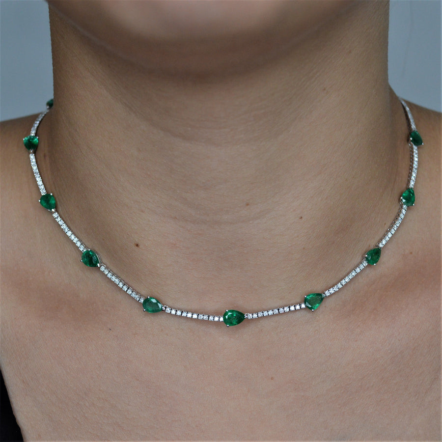 8.55ct Diamond Emerald 18K Gold Stationed Tennis Necklace
