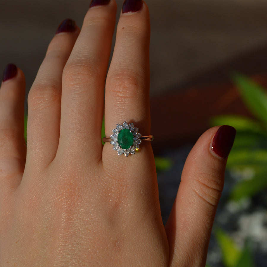 1.80ct Diamond Emerald 18K Gold Oval Halo Ring