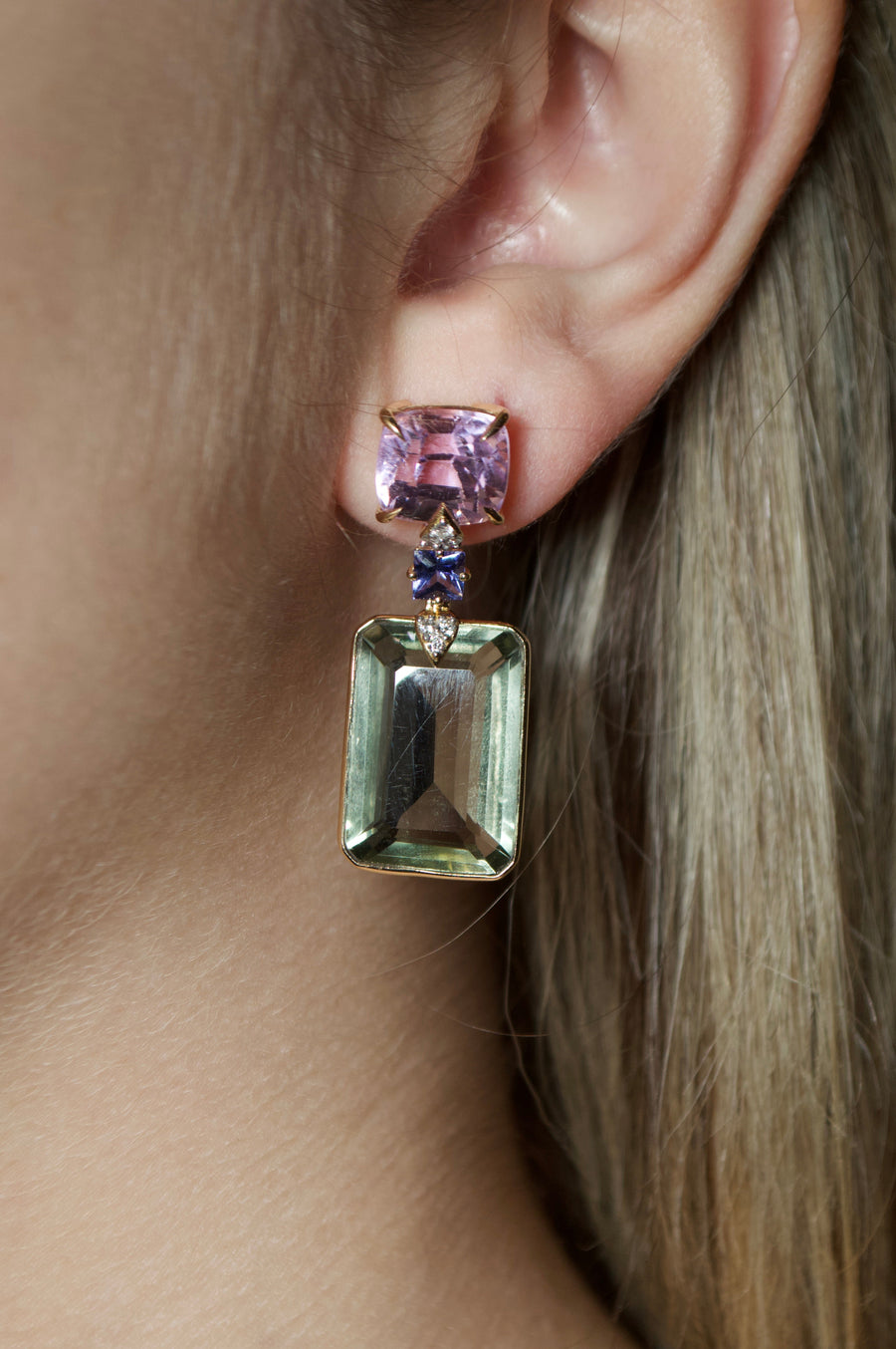 47.982cts Amethyst, Kunzite, Tanzanite and Diamond 18K Gold Earring