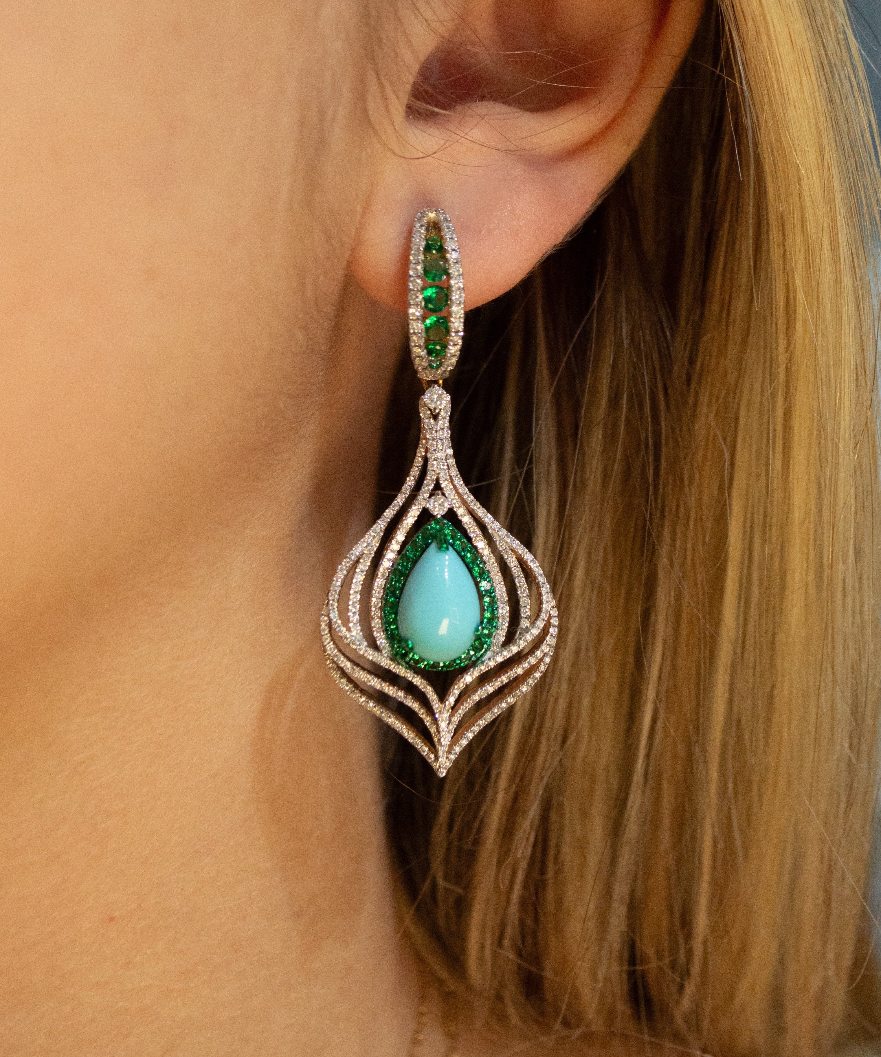 7.21ct Diamond Emerald Turquoise 18K Gold Statement Drop Earrings