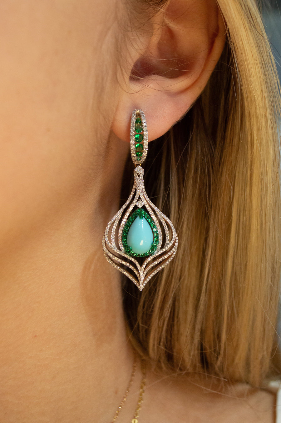 7.21ct Diamond Emerald Turquoise 18K Gold Statement Drop Earrings