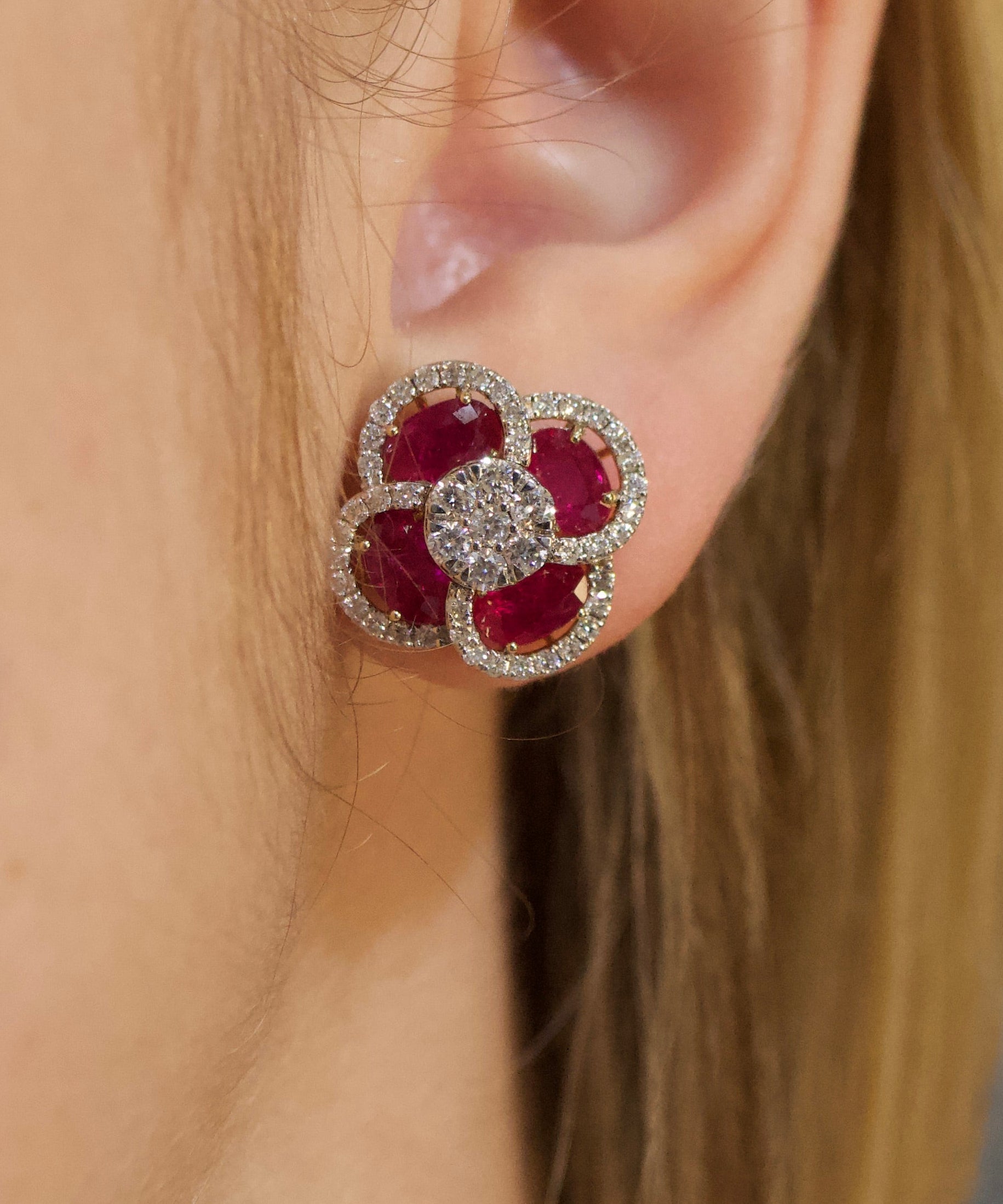 5.76 Diamond Ruby 14K Gold Flower Cluster Earrings