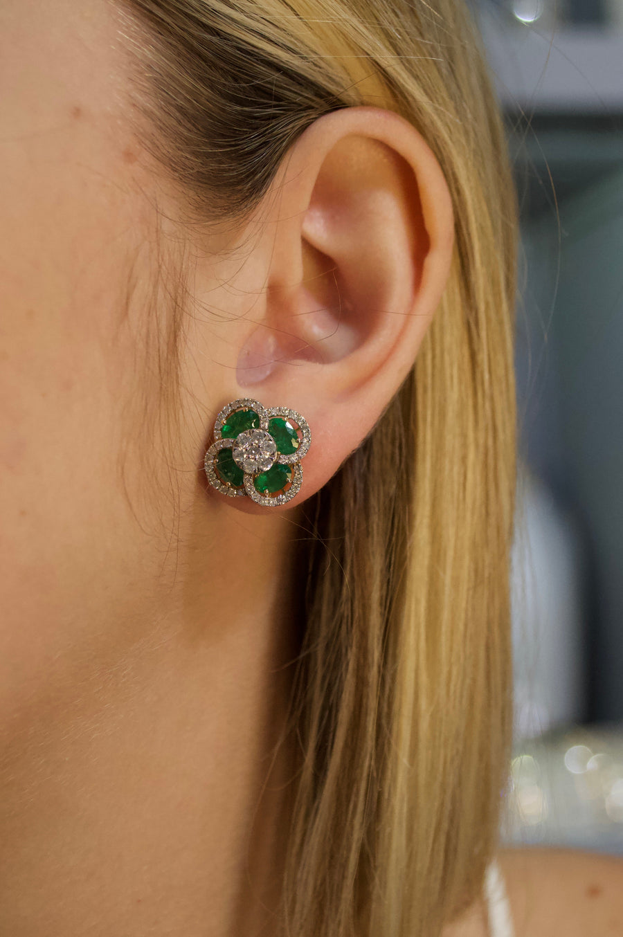 5.73ct Diamond Emerald 14K Gold Flower Cluster Earrings