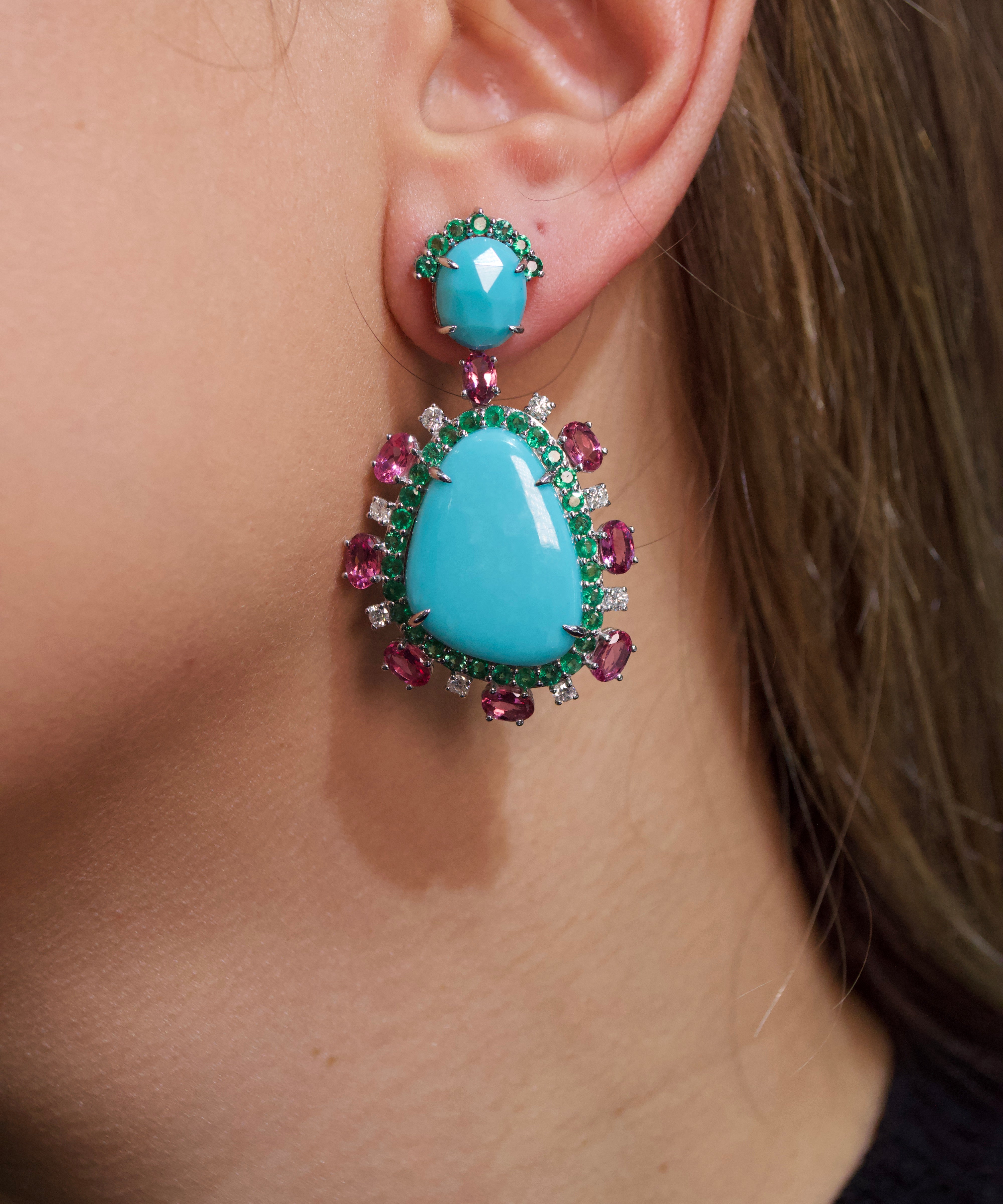 37ct Turquoise Diamond Emerald Tourmaline 14K Gold Drop Earrings