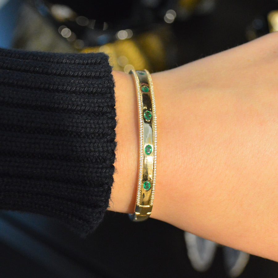 1.08cts Diamond Emerald 14K Gold Bangle Bracelet