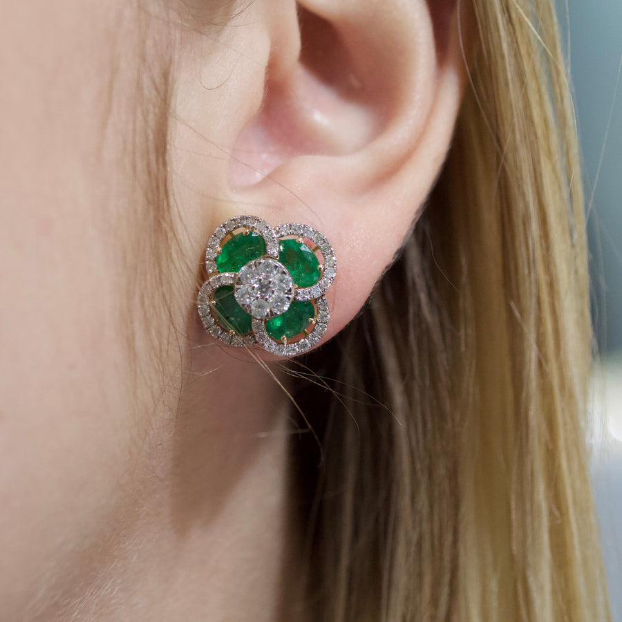 5.73ct Diamond Emerald 14K Gold Flower Cluster Earrings