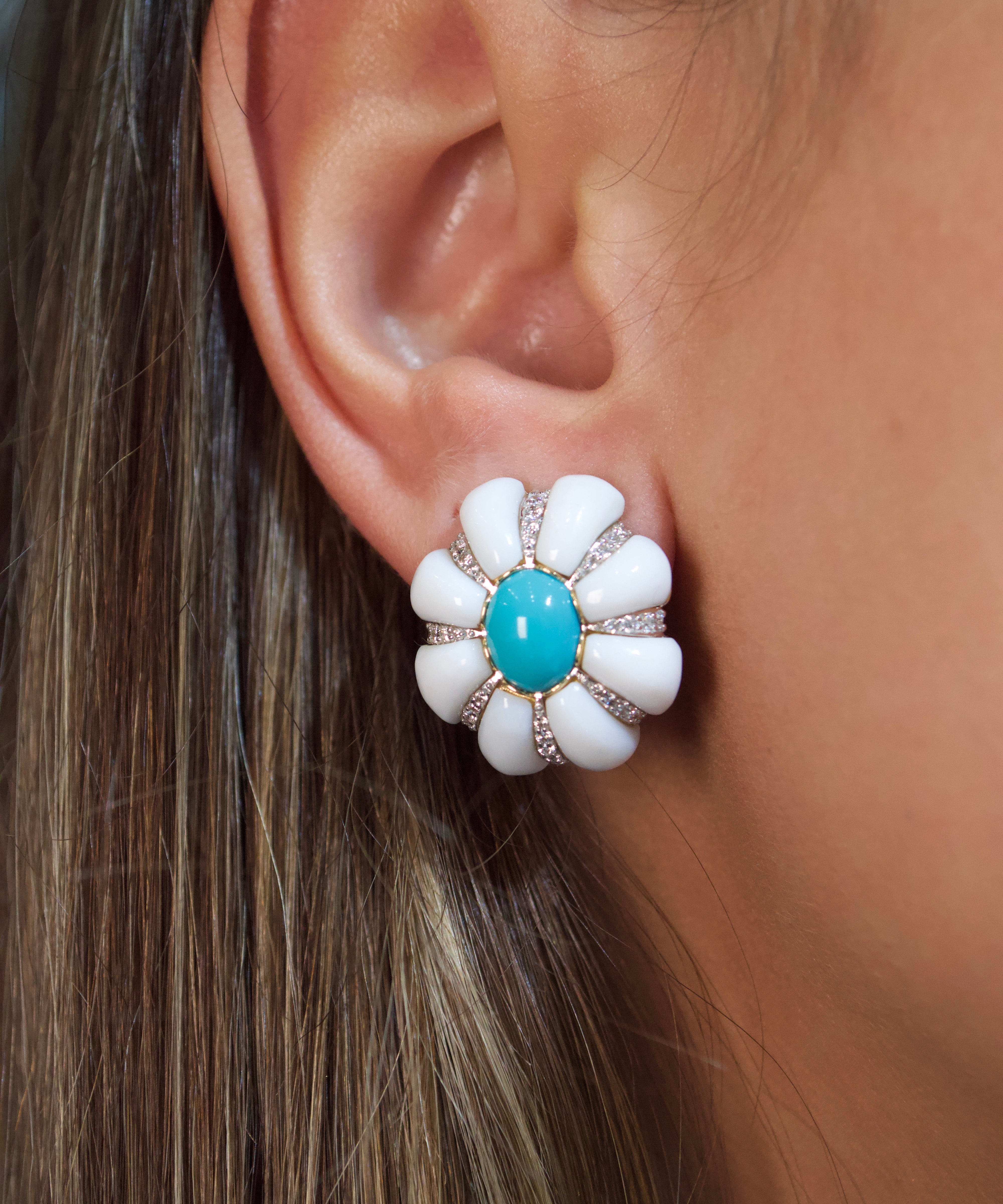 17.12ct Diamond Turquoise White Opal 18K Gold Stud Earrings