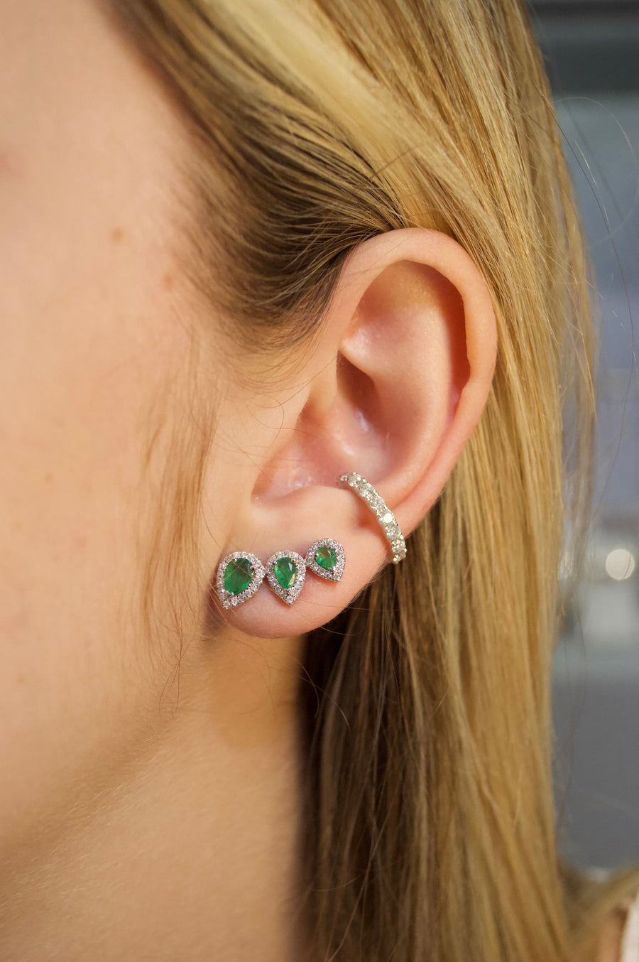 1.74ct Diamond Emerald 18K Gold Climber Earrings