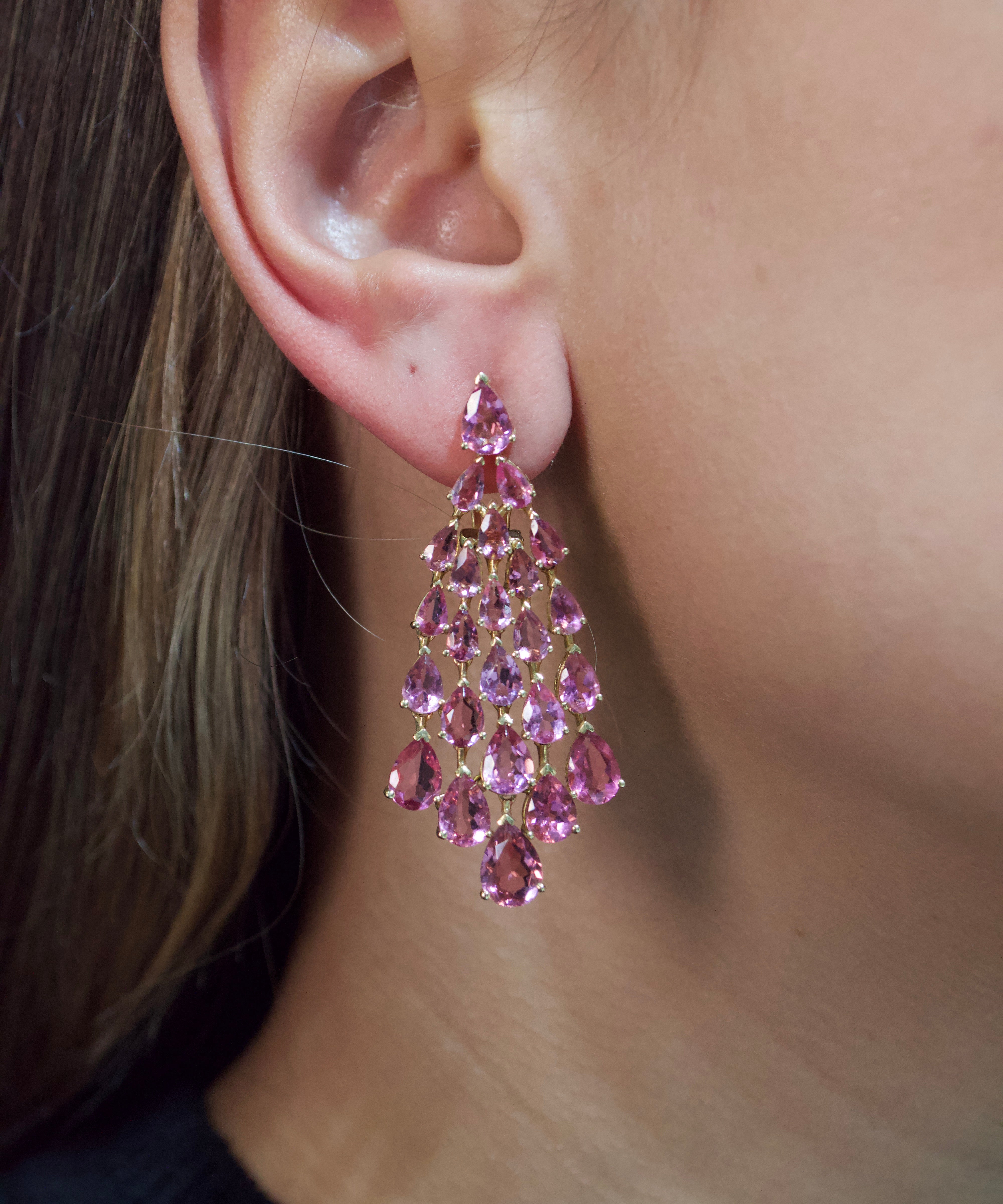 15.20ct Tourmaline 18K Gold Waterfall Dangle Drop Earrings