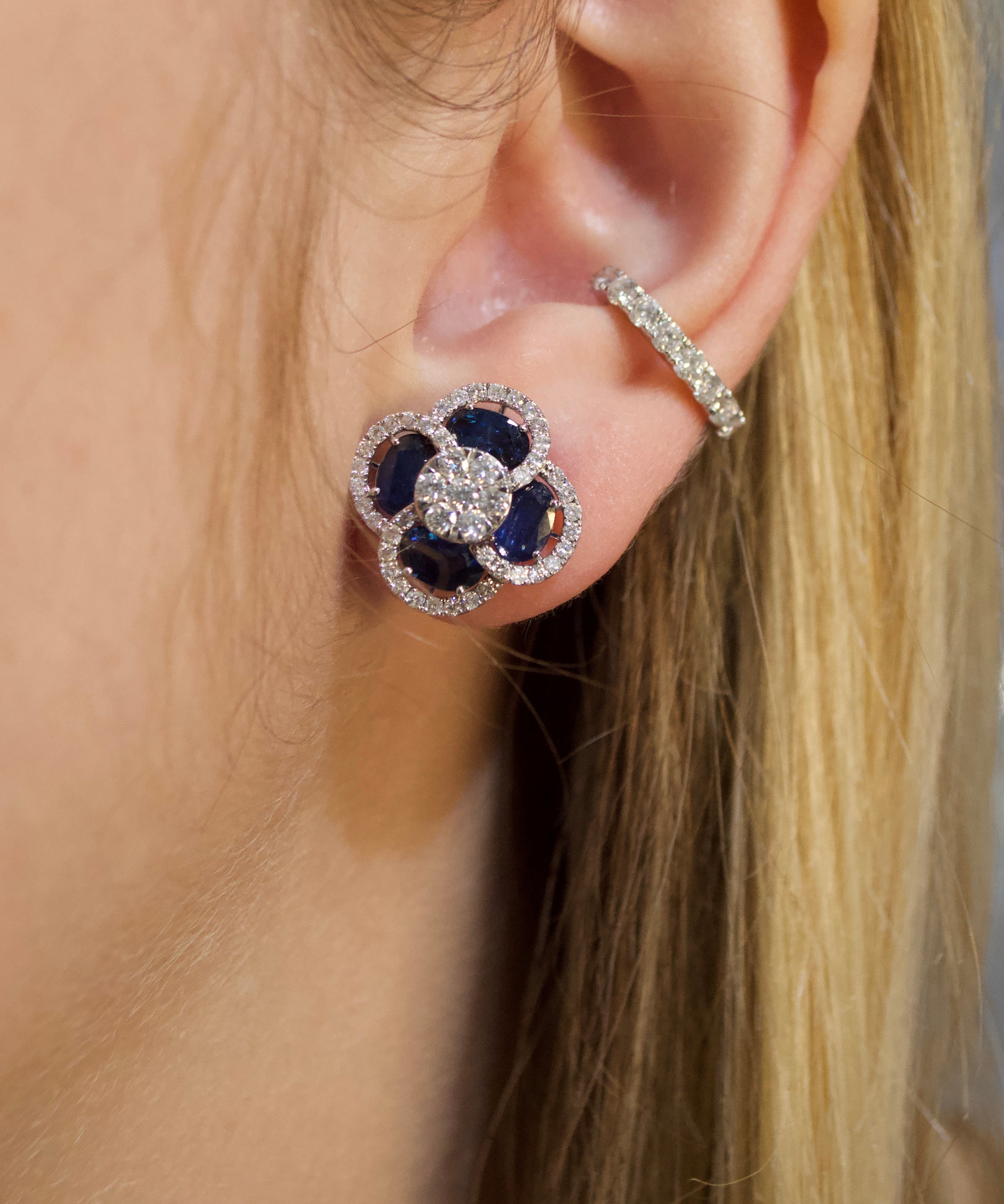 5.73ct Diamond Sapphire 14K Gold Flower Cluster Earrings
