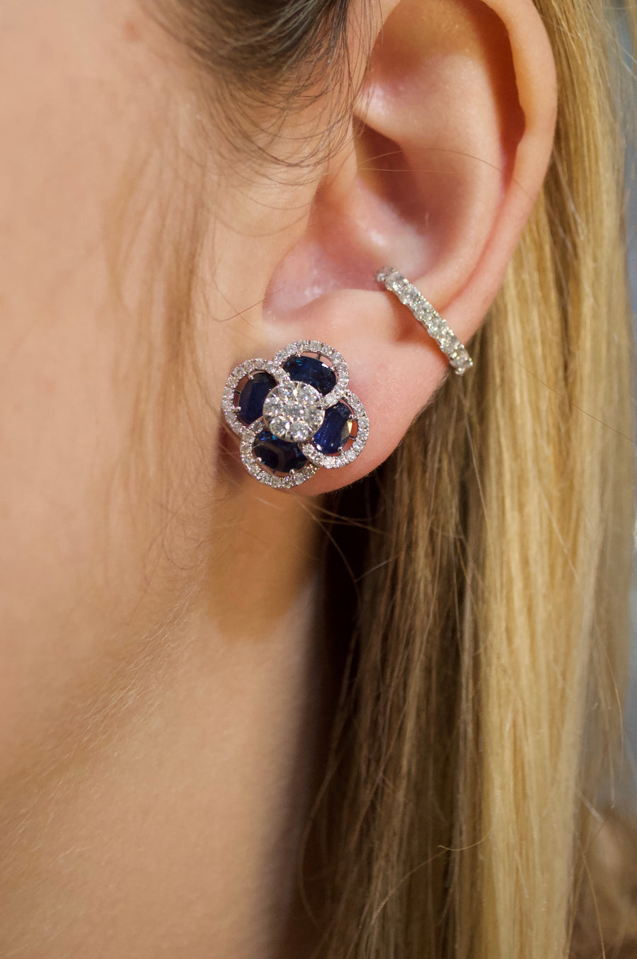 5.73ct Diamond Sapphire 14K Gold Flower Cluster Earrings