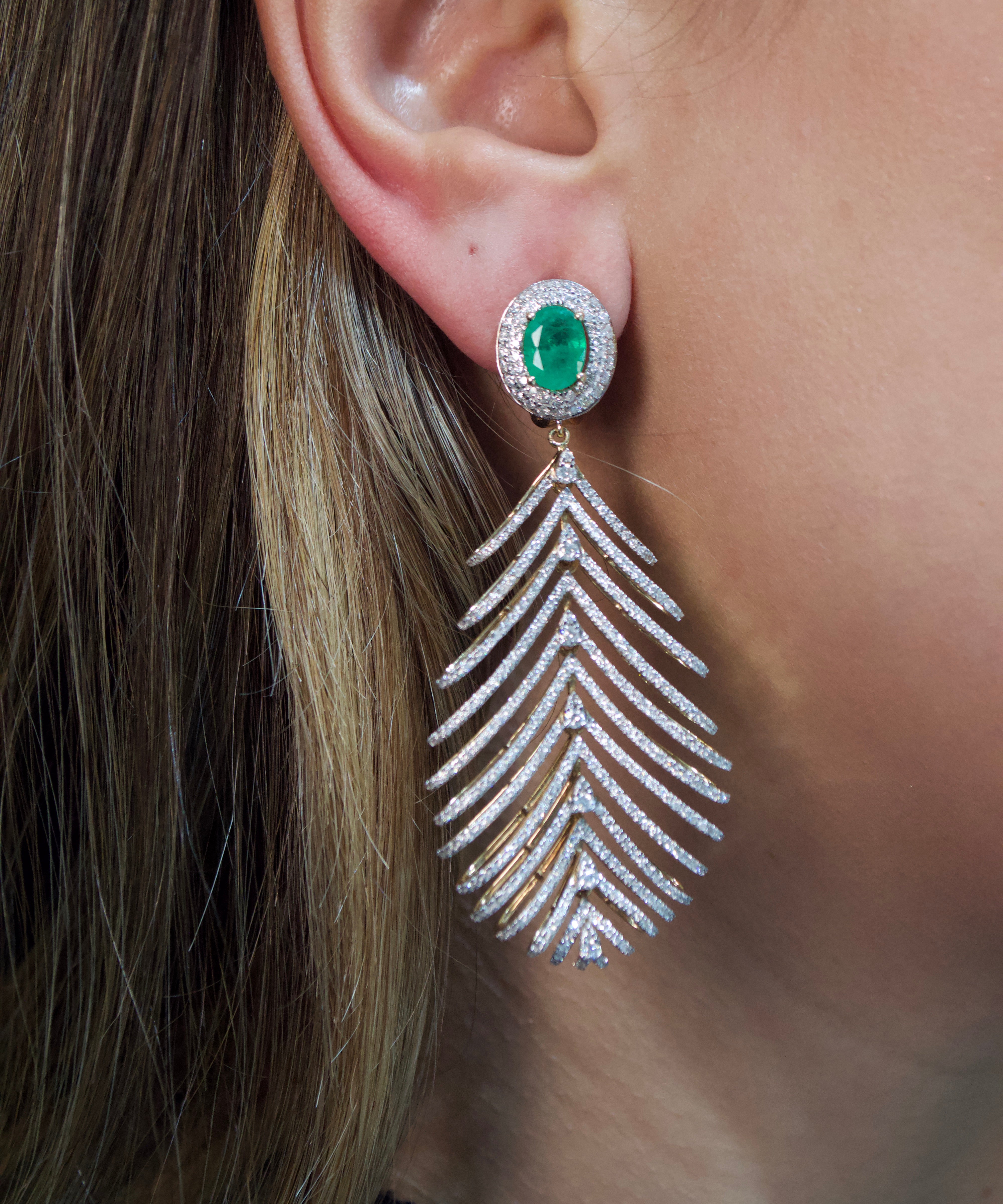 5.32ct Diamond Emerald 14K Gold Feather Earrings