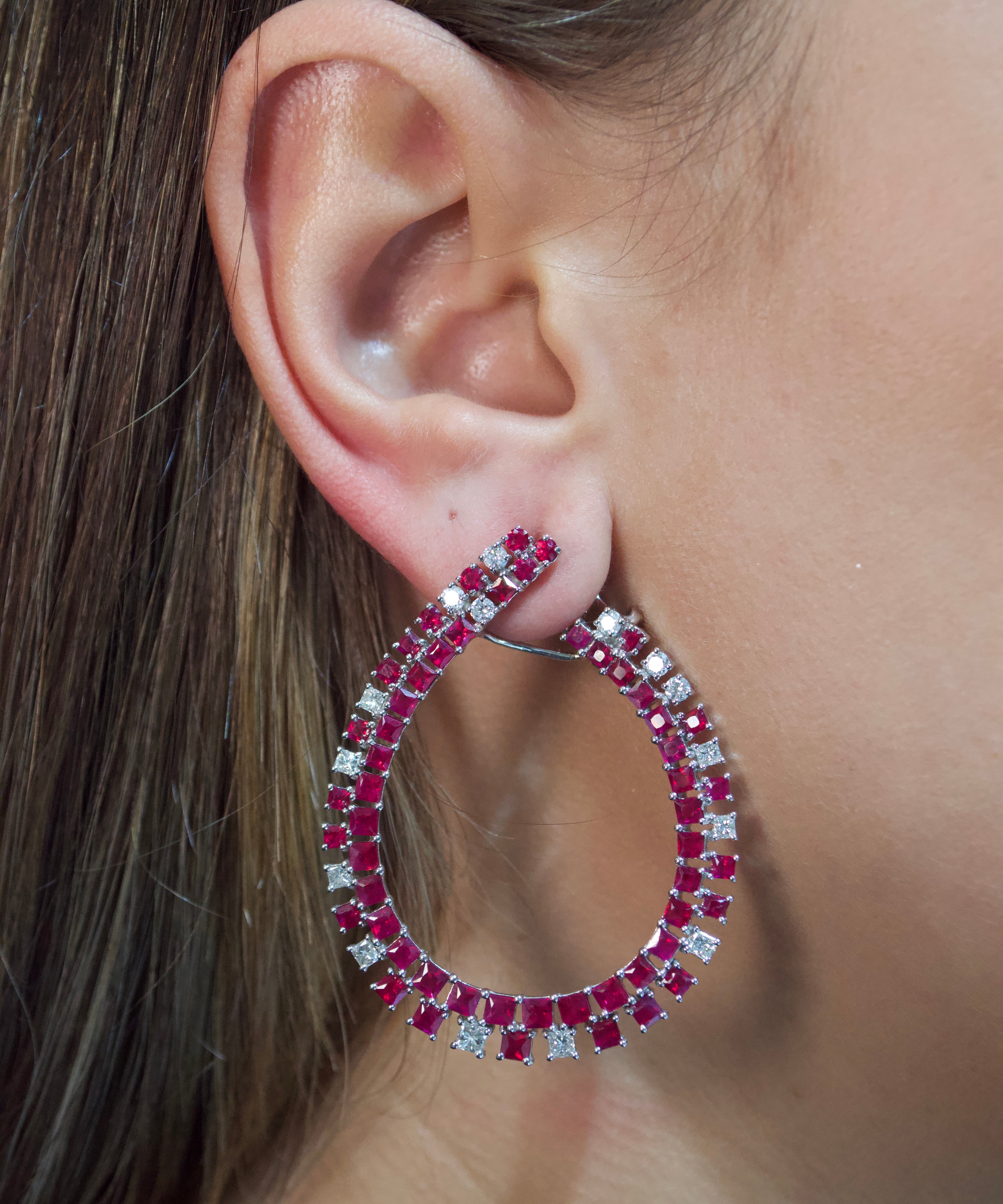 12.10ct Diamond Ruby 18K Gold Statement Earrings