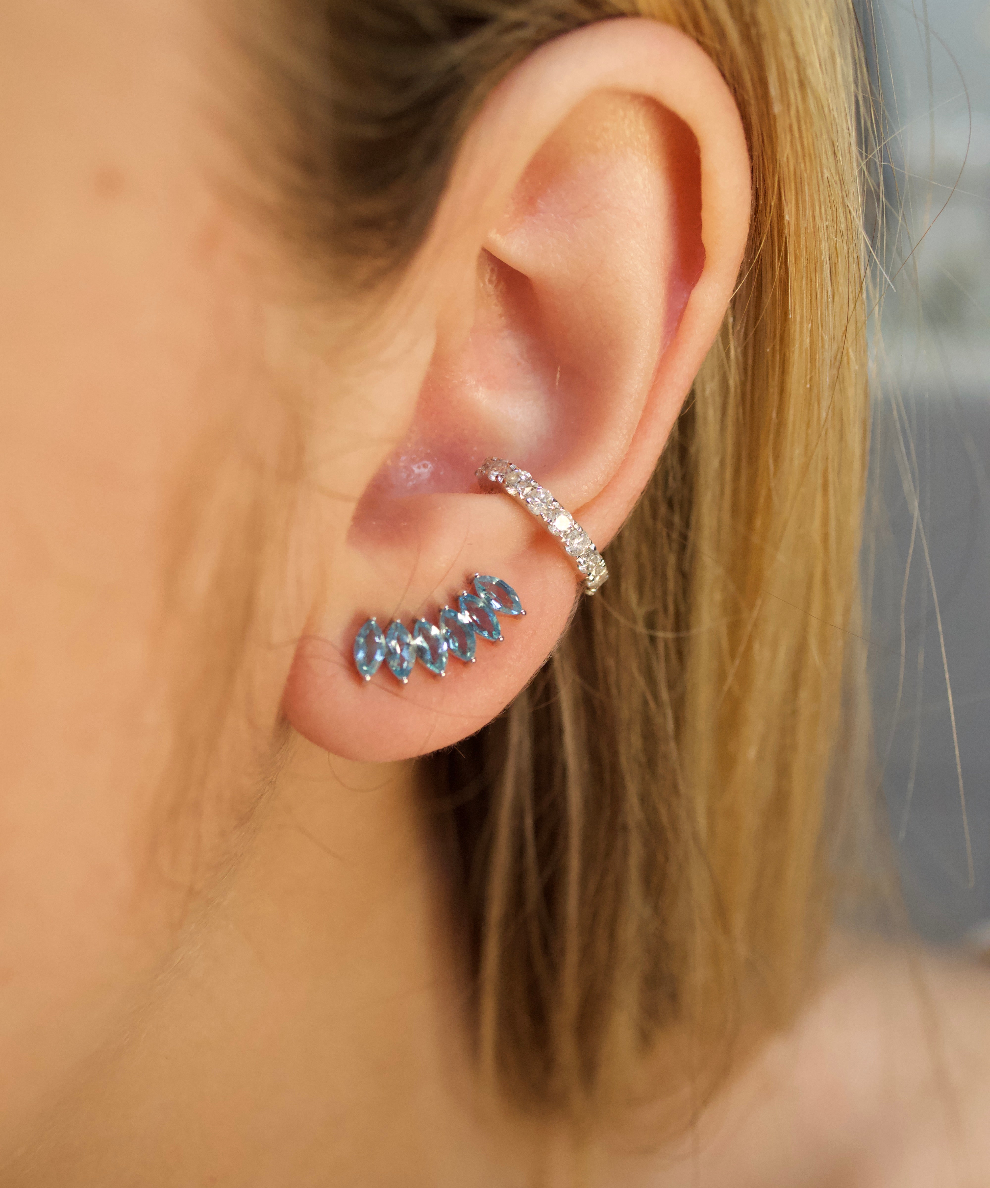2.13ct Blue Topaz 18K Gold Marquise Climber Earrings
