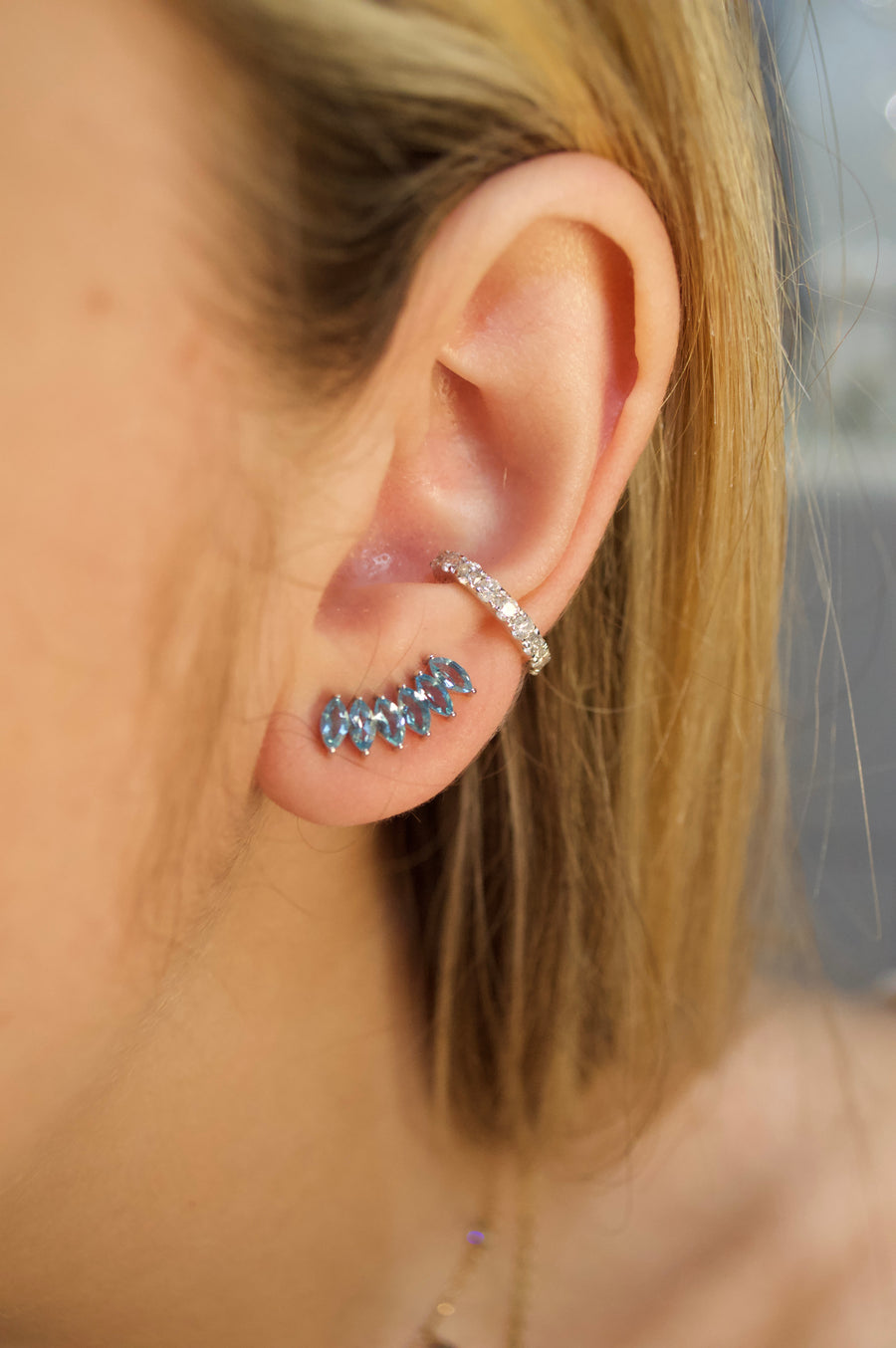 2.13ct Blue Topaz 18K Gold Marquise Climber Earrings