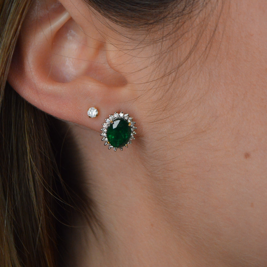 4.36ct Diamond Emerald 18K Gold Halo Earrings