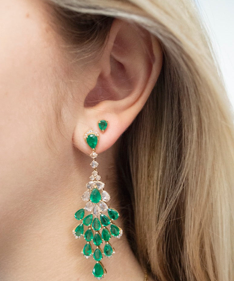 14.18ct Diamond Emerald 18K Gold Statement Earrings