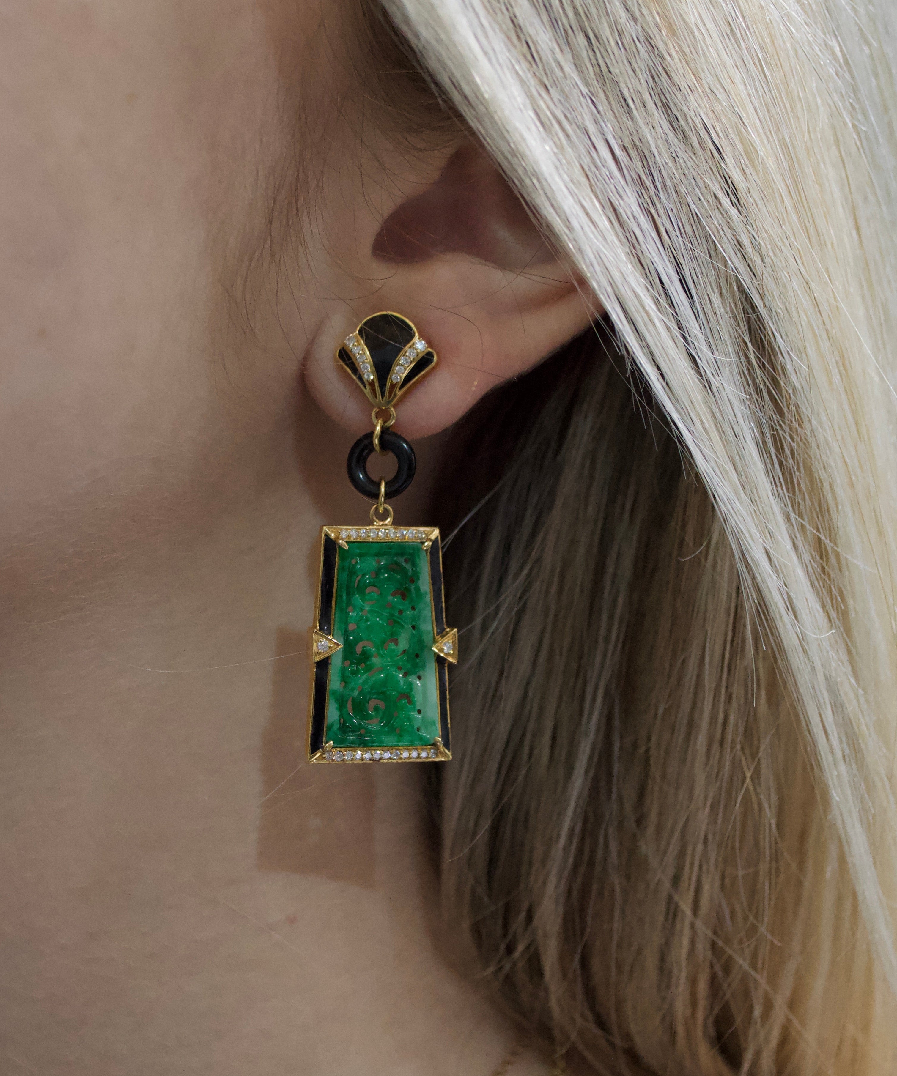 12.94ct Diamond Jade Onyx 18K Gold Statement Earrings