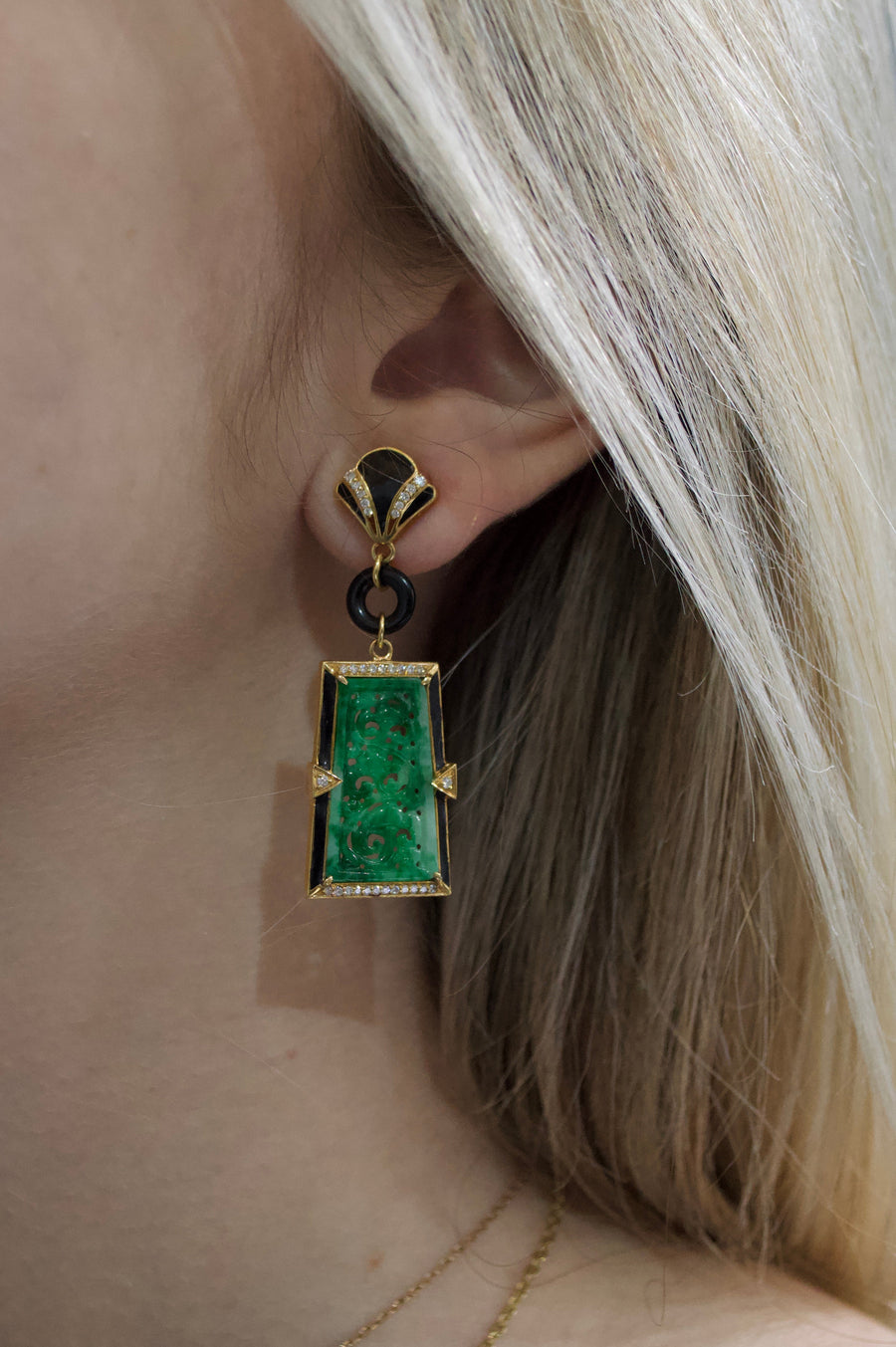 12.94ct Diamond Jade Onyx 18K Gold Statement Earrings