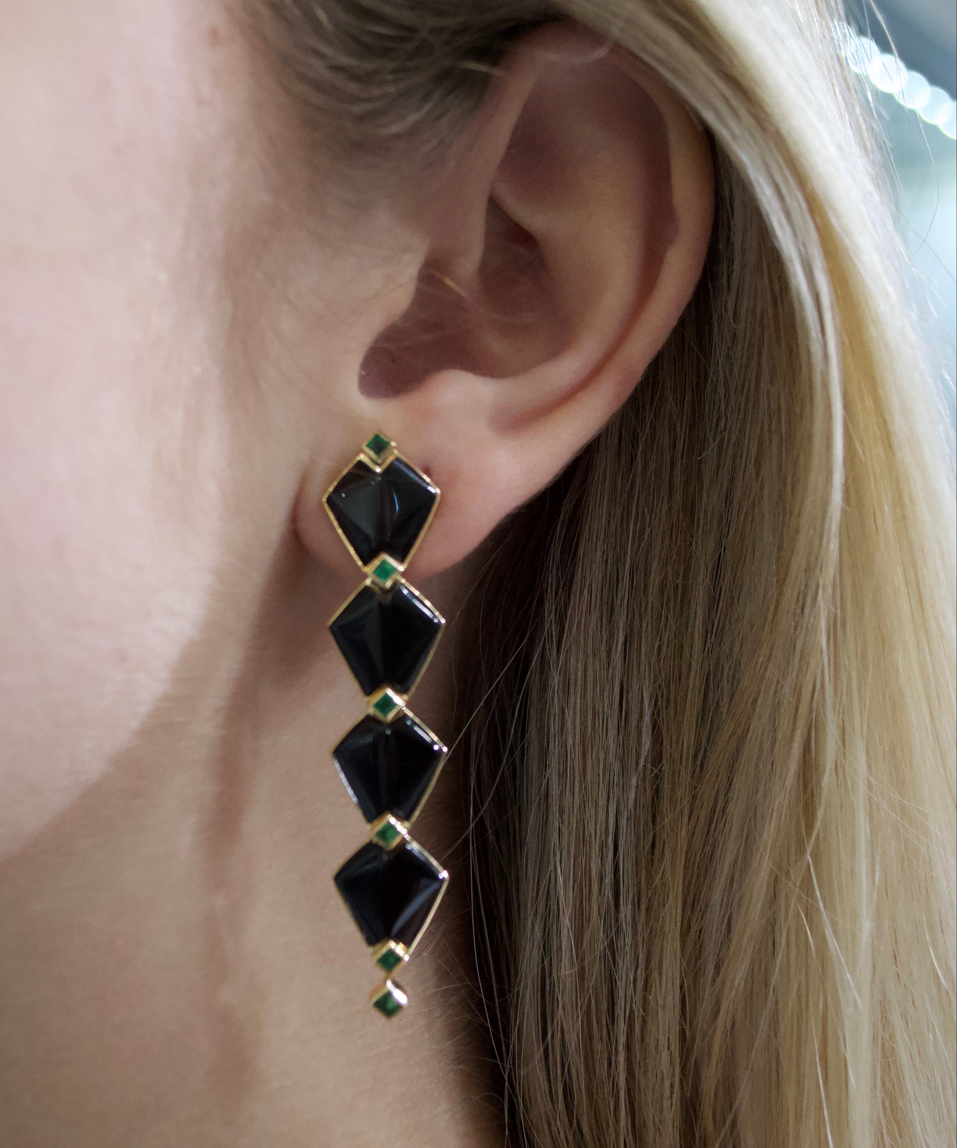 14.60ct Onyx Emerald 18K Gold Statement Cascade Earrings