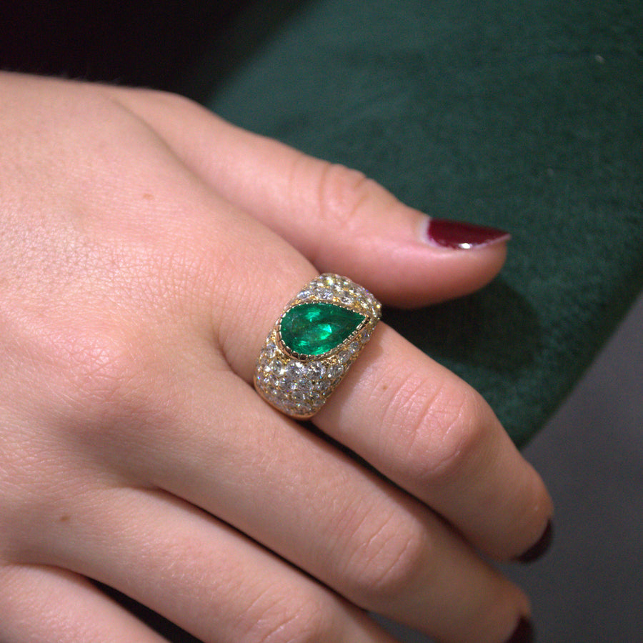 5.32ct Diamond Colombian Emerald 18K Gold Pear Ring
