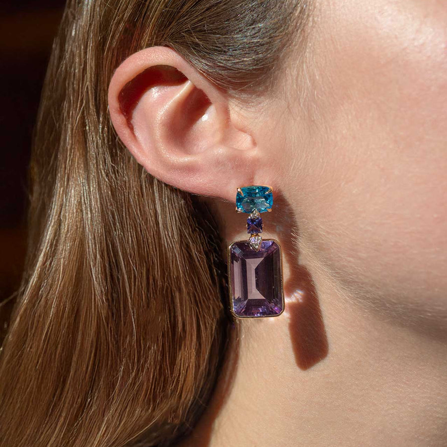 36.855cts Pink Amethyst Tanzanite Diamond 18K Gold Earring