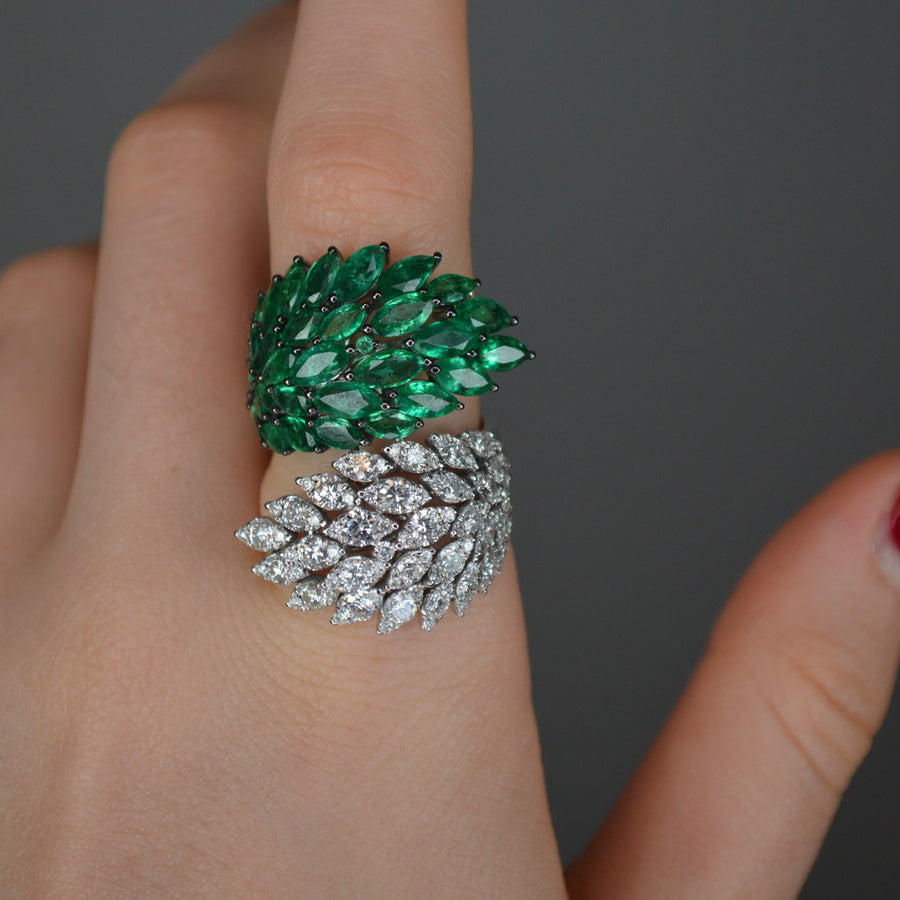 6.1cts Diamond Emerald 18K Gold Cluster Leaf Bypass Ring