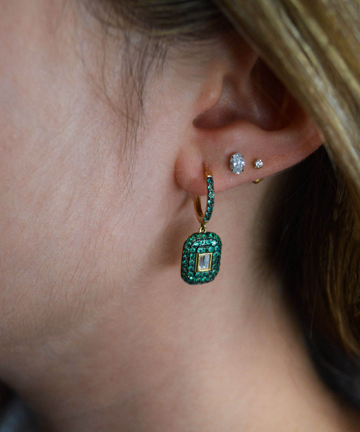 1.45ct Diamond Emerald 18K Gold Pave Round Baguette Drop Earrings