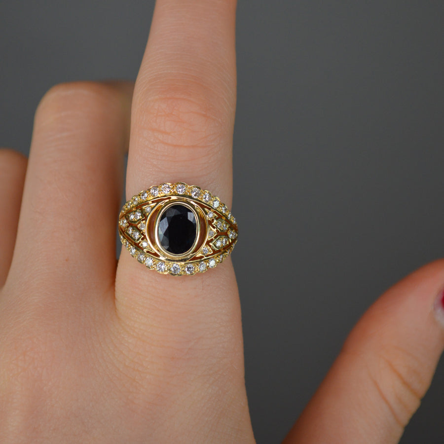 2.43cts Diamond Sapphire 18K Gold Vintage Style Ring