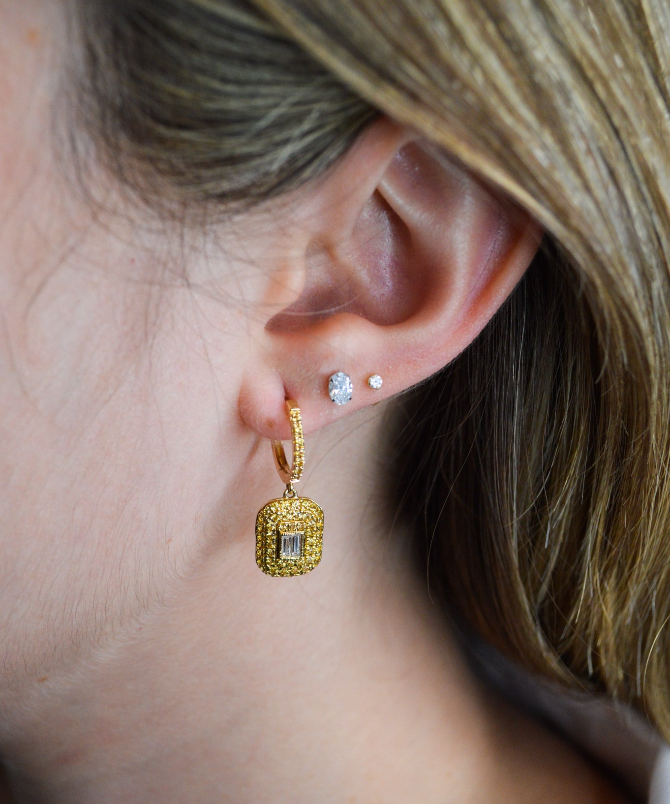 1.39ct Diamond Yellow Sapphire 18K Pave Round Baguette Drop Earrings