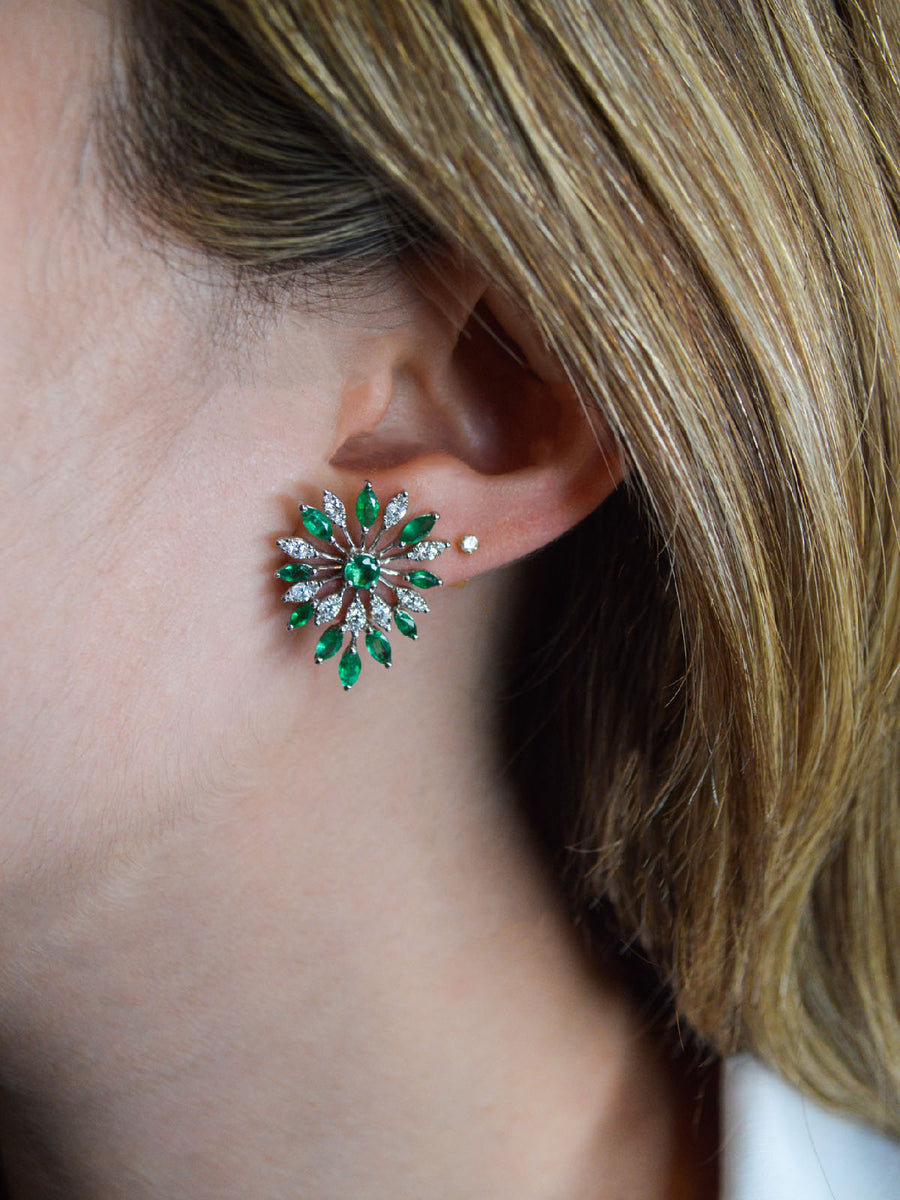1.75ct Diamond Emerald 18K Gold Flower Earrings