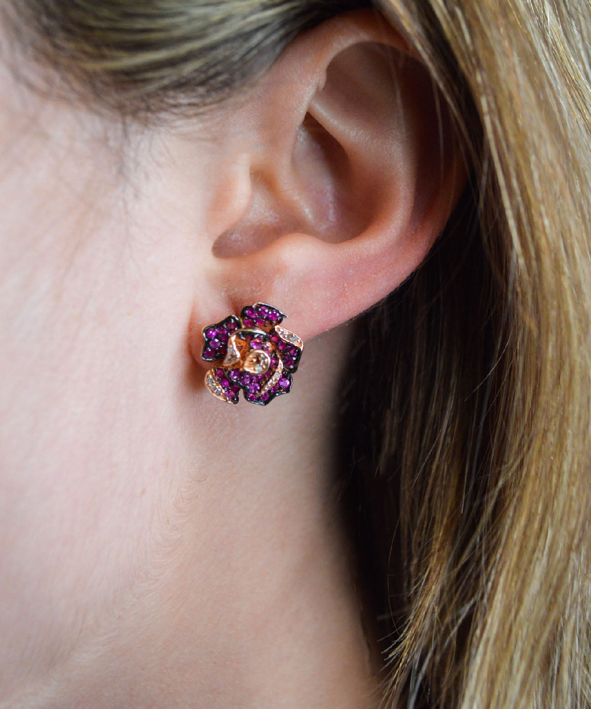 2.31ct Diamond Ruby 14K Gold Flower Stud Earrings