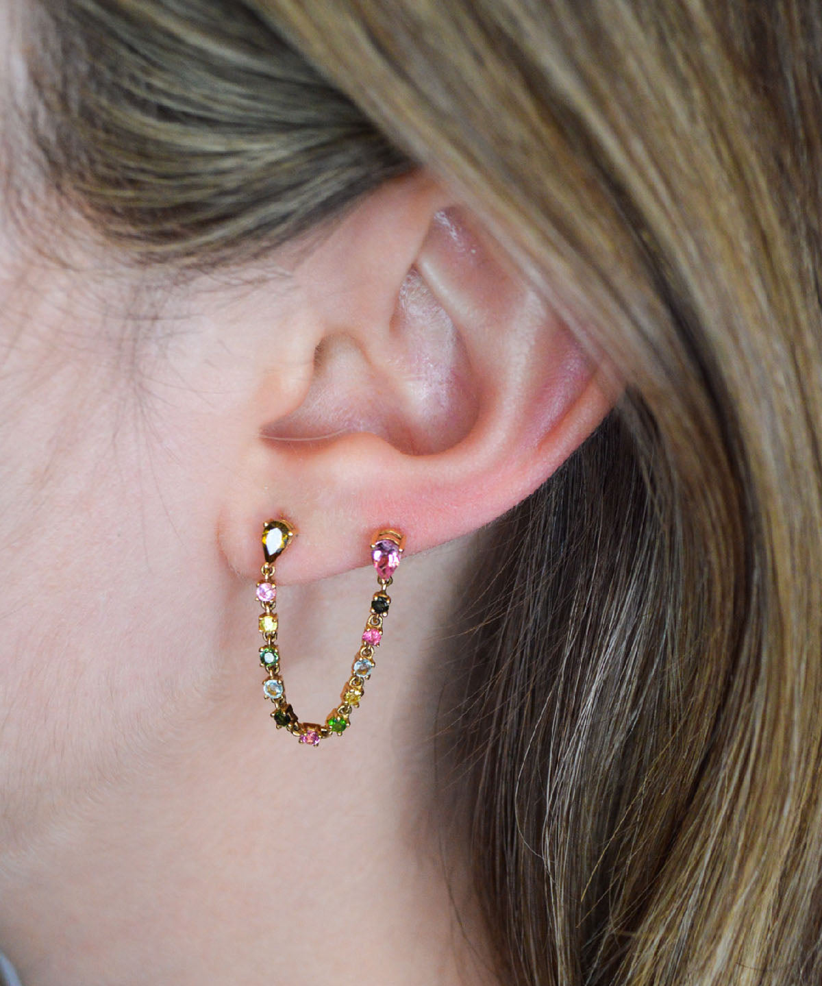 3.38ct Multi Tourmaline 14K Gold Draped Chain Earrings