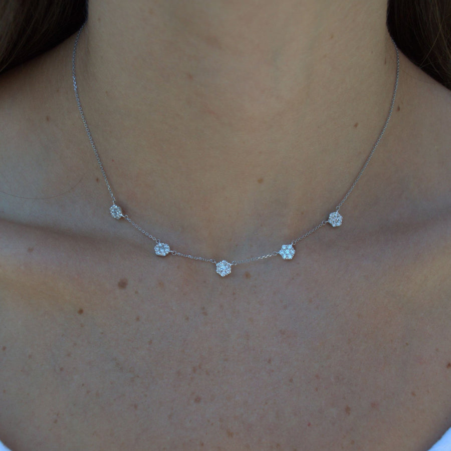 1.00ct Diamond 18K Gold Flower Cluster Stationed Necklace