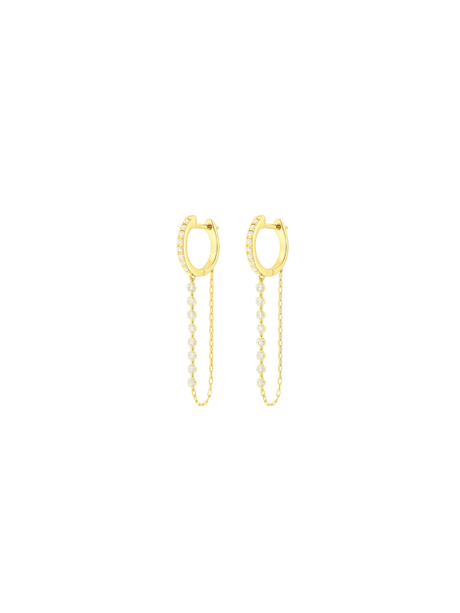 1.04ct Diamond 18K Gold Pave Double Huggie Diamond Chain Earrings