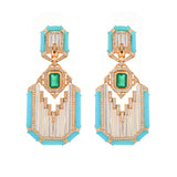 3.79ct Diamond & Emerald & Turquoise 18K Gold Statement Earrings
