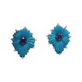 63.54ct Brilliant Turquoise Amethyst 18K Gold Carved Flower Earrings