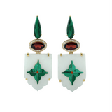 15.76ct Diamond Red Garnet Malachite 18K Gold Marble Earrings