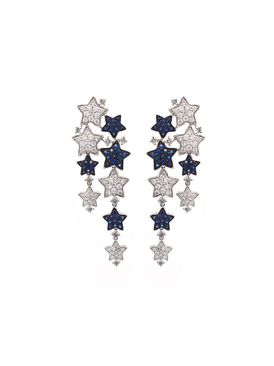 2.19ct Diamond Blue Sapphire 18K Gold Stars Cascades Earrings